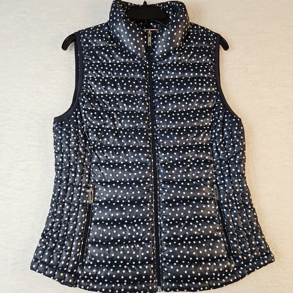 Tommy Hilfiger Women's Lightweight Packable Puffer Vest Size M Navy‎ White Dots